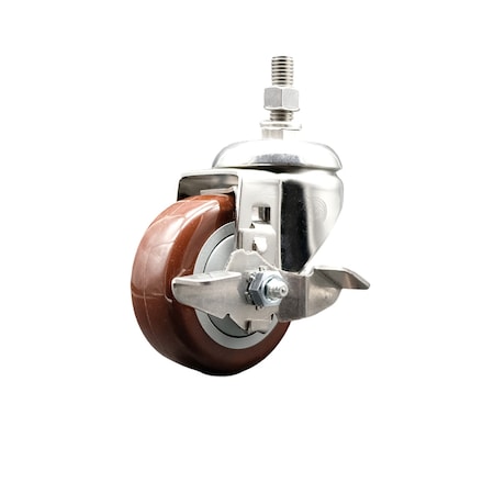 Service Caster 3.5 Inch 316SS Maroon Polyurethane Swivel 3/8 Inch Threaded Stem Caster Brake SS316TS20S3514-PPUB-MRN-TLB-381615